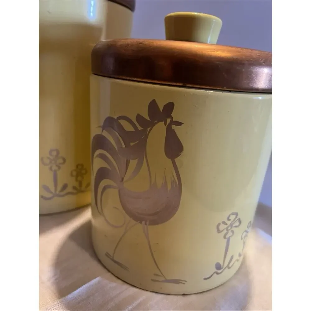 2 Ransburg Mid Century Kitchen Metal Canisters Tins w Roosters Yellow Gold